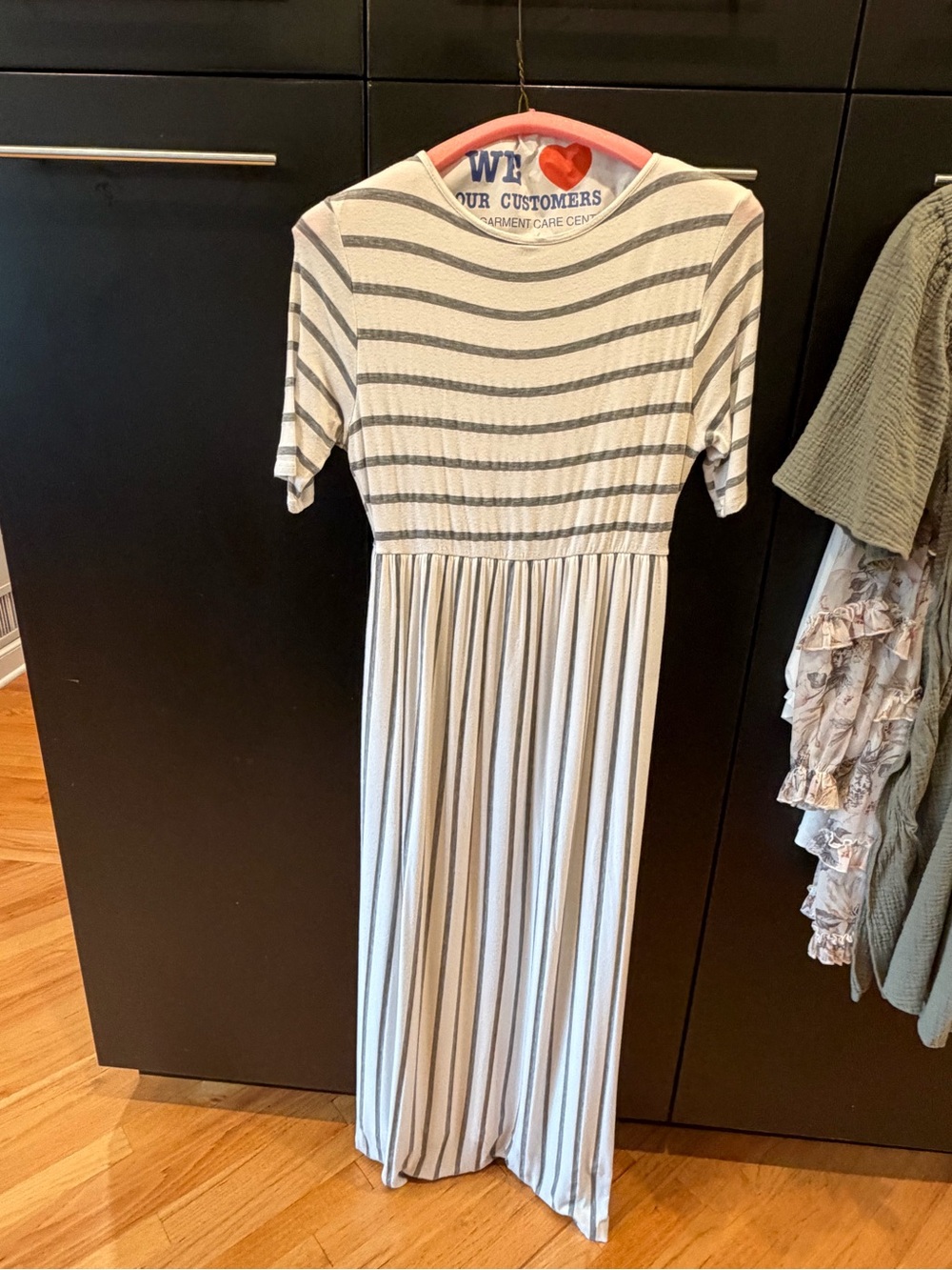 Pinkblush Cream and Gray Striped Short Sleeve Maxi Dress